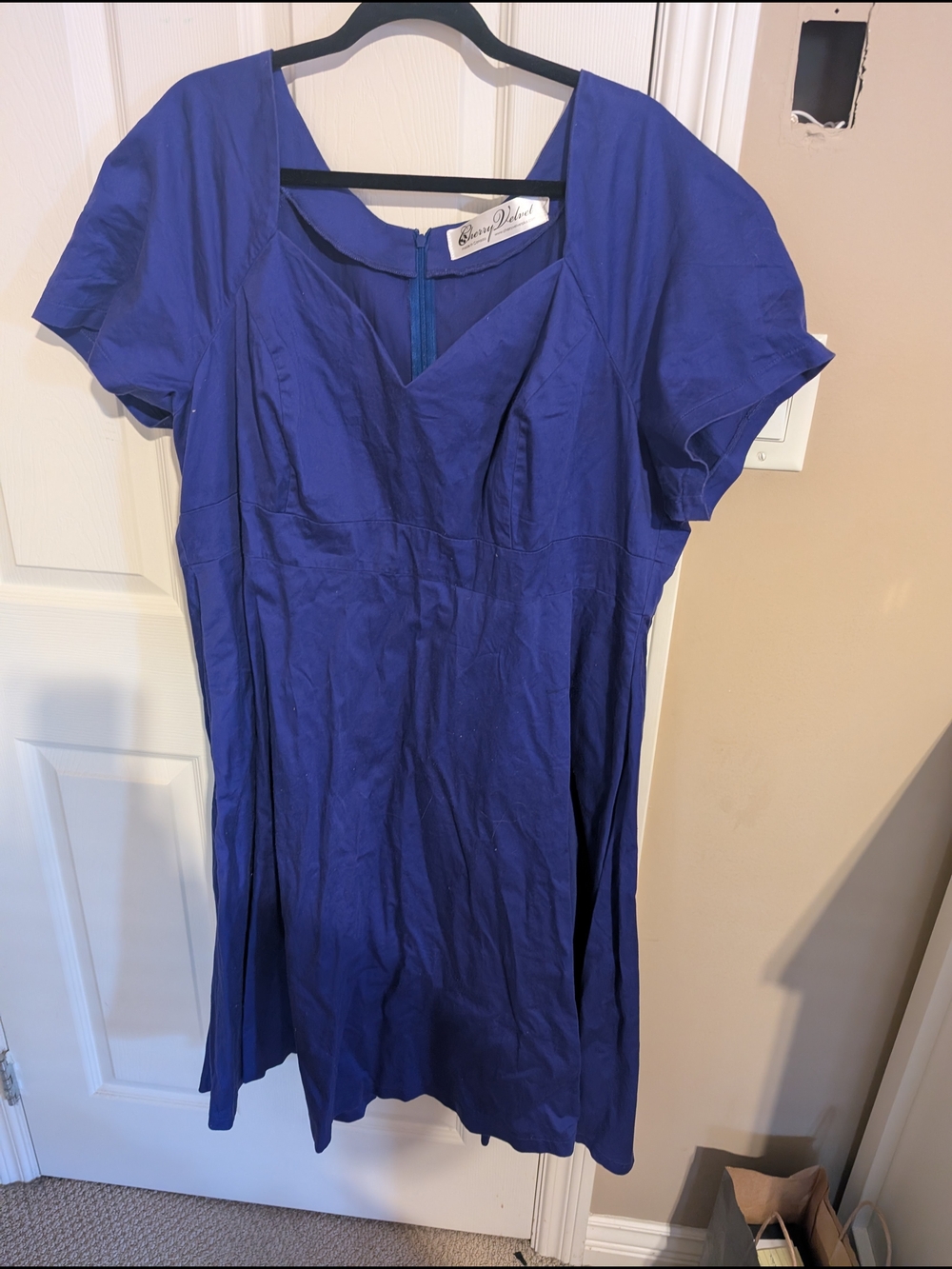 Cherry Velvet Cobalt Blue V-Neck Midi Dress